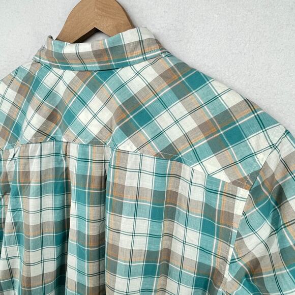 PRANA Shirt Mens L Benton Plaid Button Up Camp Organic Cotton Blend Blue NEW - Picture 8 of 15
